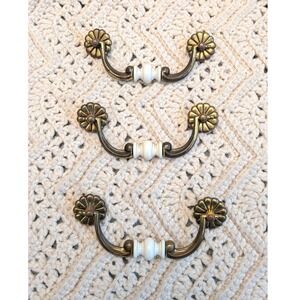 Vintage Brass White Plastic Drawer Bail Pulls Set of 3 French Provincial 3 Inch